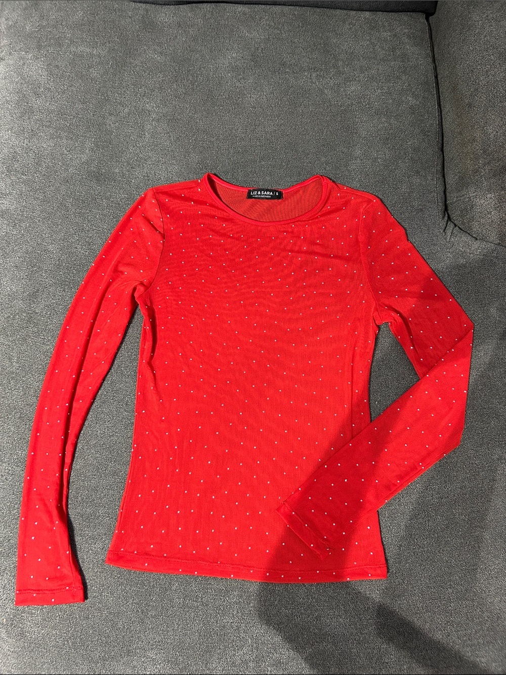 Liz & Sara Red Mesh Long-Sleeve Rhinestone Crew Top- Size SMALL